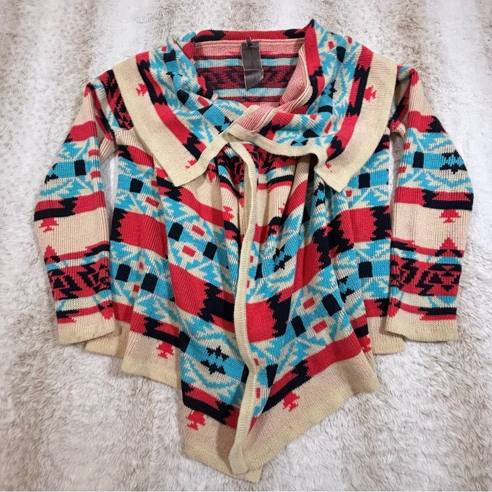 Angie Boho Aztec Southwestern Waterfall Cardigan Open Front Sweater S